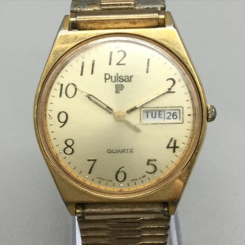 Vintage Pulsar Y418-8009 Mens Watch 34mm Cream Dial Gold Day Date Not Running